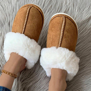 Snowy White Plush Liner Round Toe Home Slippers
