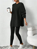 Autumn Casual Ribbed Knit Striped Loose Fit Hoodie and Trousers Set for Women