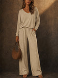 Women's V Neck Long Sleeve Loose Fit Comfy Top and Pants Lounge Set