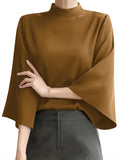 Women's Silk Like Stand Collar Loose Batwing Sleeve Elegant Blouse