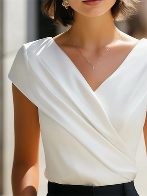 Female's Elegant White Sleeveless Back Zip V-Neck Pleated Blouse