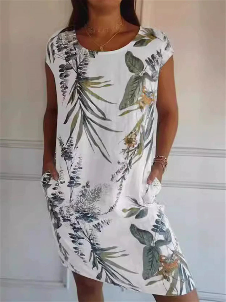 Women's Summer Causal Plants Printed Round Neck Knee Length Dress