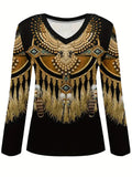 Women's Casual Ethnic Style Printed V-Neck Long Sleeve T-Shirts