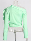 Women's Green Ruffled Long Sleeve Asymmetric Top