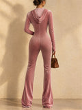 Women Vintage Velvet Long Sleeve Hooded Zip Up Flare Jumpsuit