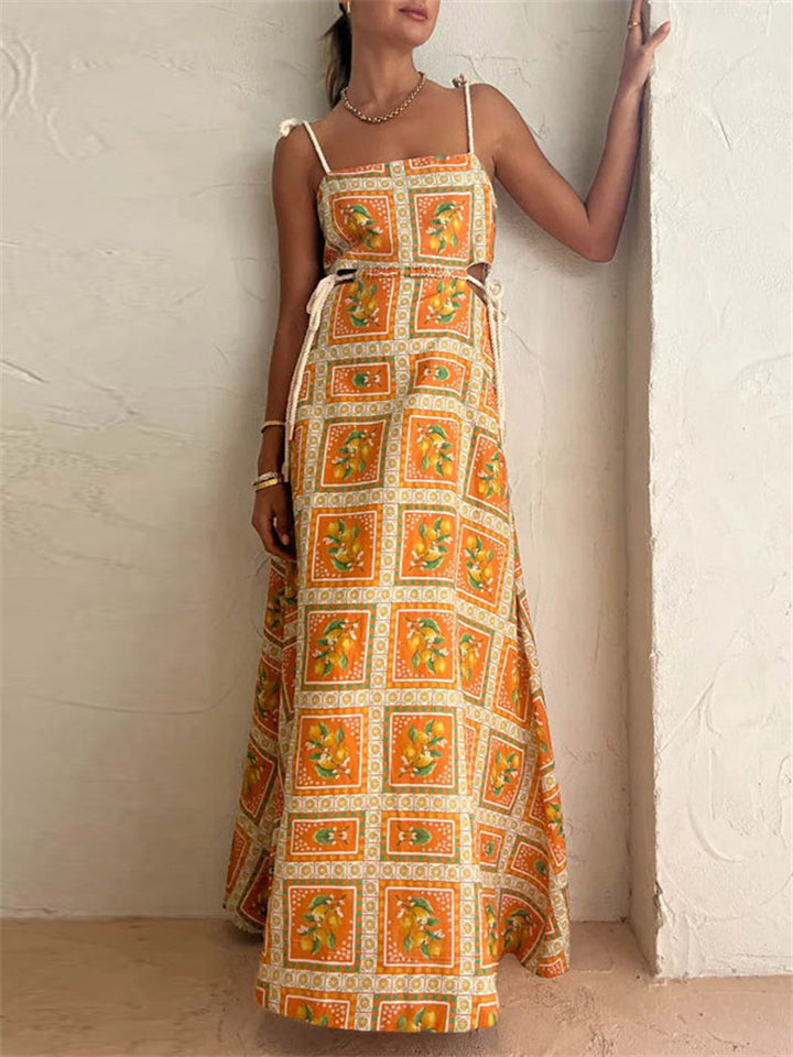 Women's Leisure Orange Square Print Drawstring A-line Dress