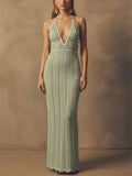 Women Contrast Trim Backless Sexy Beach Resort Halter Knit Maxi Dress