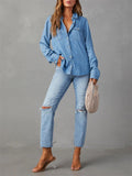 Women's Blue Single Breasted Lapel Denim Blouses