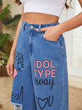 Women's Pink Heart Letter Graffiti Street Light Blue Jeans
