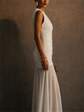 Women Ruched Draped Mesh Patchwork Formal Evening Maxi Dress