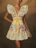 Women Floral V Neck Ruffle Sleeve Backless Boho Mini Dress