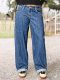 Plus Size Women's Blue Mid-Waist Loose Fit Casual Denim Pants