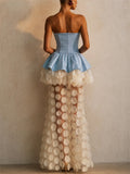 Womens Strapless Peplum 3D Applique Mesh Evening Gown Dress