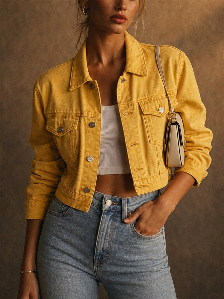 Women Chest Pocket Cropped Denim Jacket Trendy Short Coat