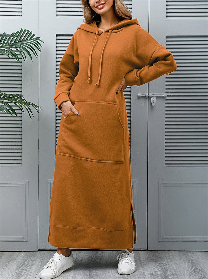 Women's Loose Fleece Solid Color Kangaroo Pocket Hooded Long Sweatshirts