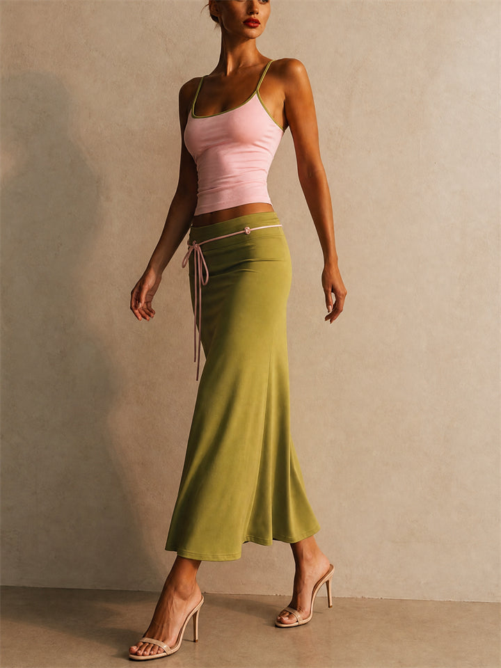Women 2 Piece Summer Color Blocking Cami and Maxi Skirt Set