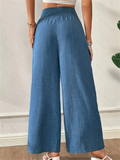 Women's Elegant Blue Solid Color High Rise Elastic Waist Wide Leg Pants