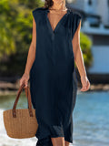 Women's V Neck Sleeveless Breathable Cotton Linen Beach Dress