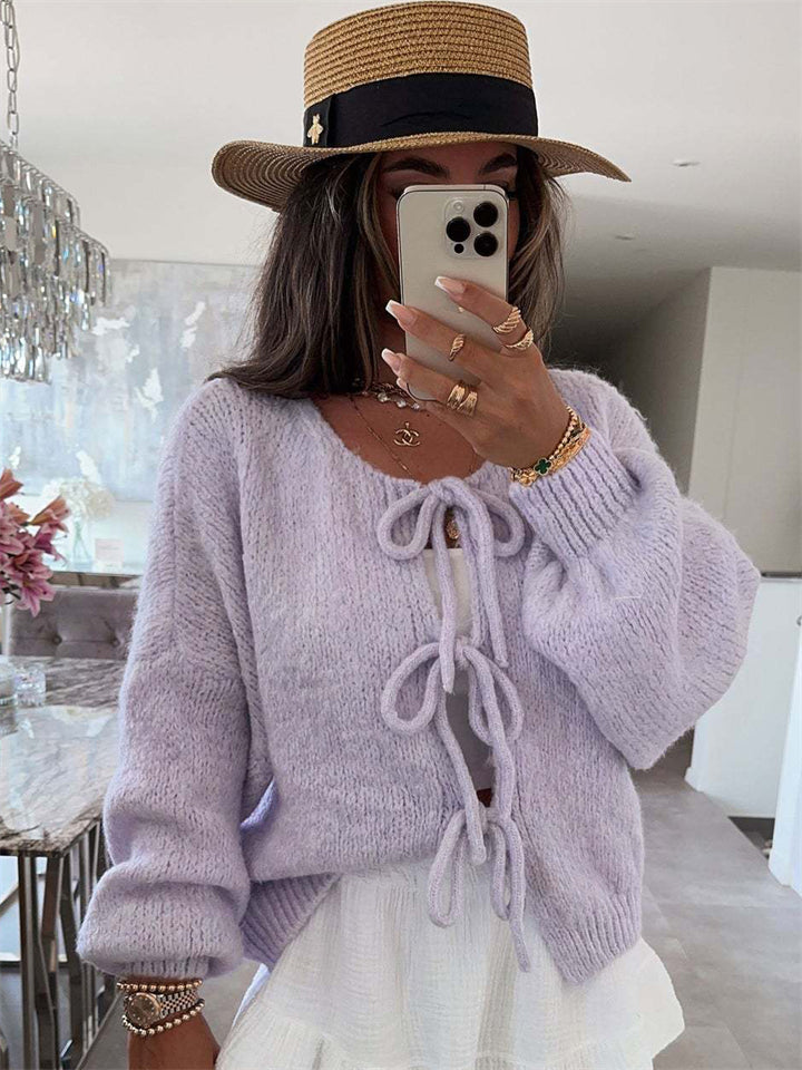 Women's Solid Color Round Neck Lace Up Cardigan Sweater