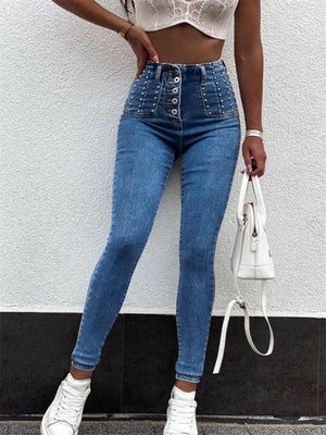 Ladies High-rise Beading Buttons Skinny Stretch Jeans