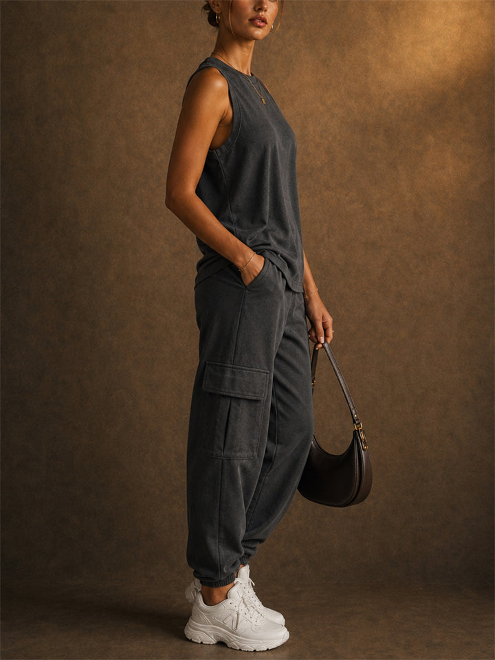 Womens Cotton Blend 2 Piece Sleeveless Tank and Cargo Jogger Lounge Set