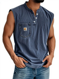 Men's Retro Cotton Distressed Pocket Sleeveless Henley Shirts