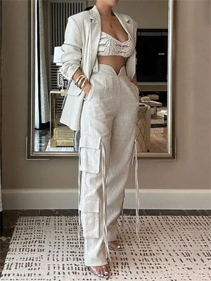 Women's 2Pcs Casual Solid Color Cardigan Lapel Top & Multi Pockets Pants Set