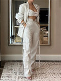Women's 2Pcs Casual Solid Color Cardigan Lapel Top & Multi Pockets Pants Set
