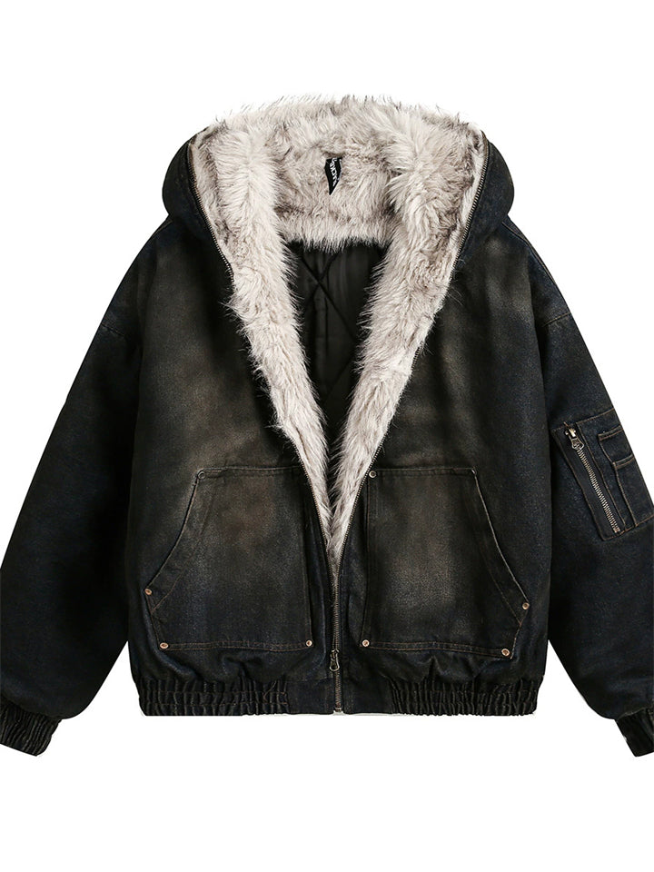 Men's Winter Warm Fleece-Lined Denim Bomber Jacket Casual Loose Fit Coats