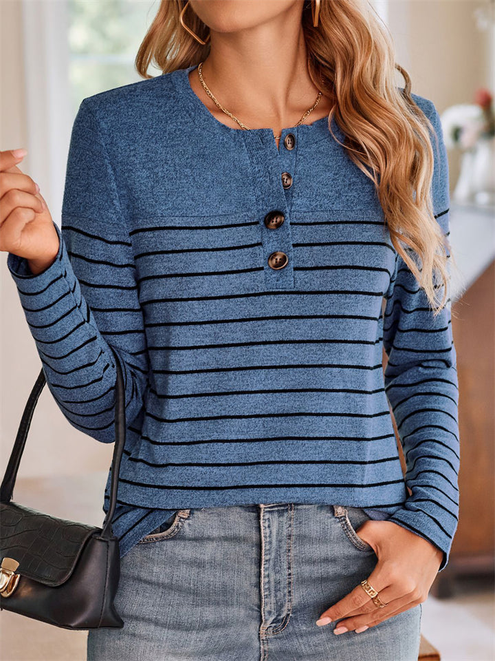 Women's Contrast Color Stripe Quarter Button Long Sleeve T-Shirt