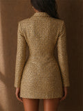 Women's Gold Tweed Double Breasted Pearl Button Blazer
