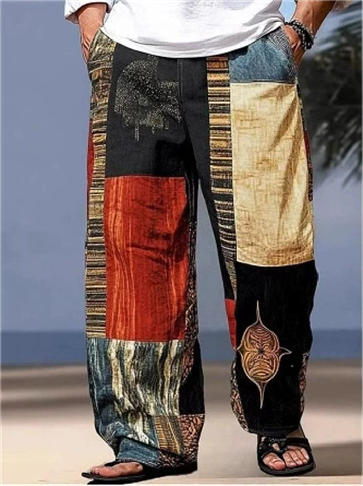 Men's Casual Contrast Color Holiday Style 3D Printed Drawstring Beach Pants