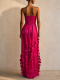 Women Strapless Fuchsia Satin 3D Petal Applique Maxi Gown