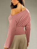 Ladies' Autumn Elegant Striped Sabrina Neck Long Sleeve Blouses