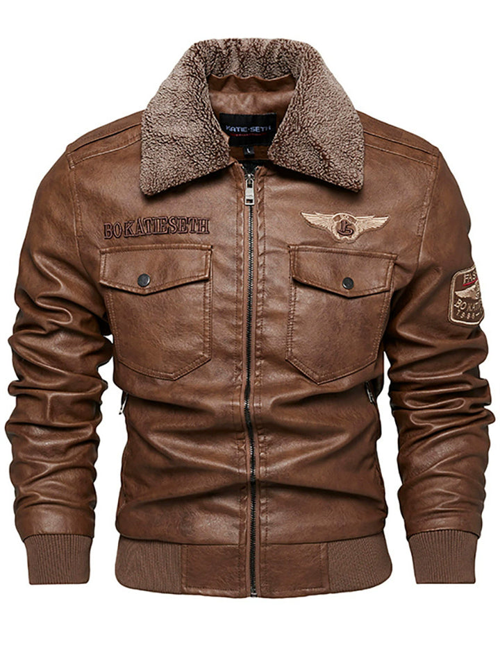 Men's Detachable Collar Faux Leather Biker Jacket Winter Motorcycle Riding Outerwear