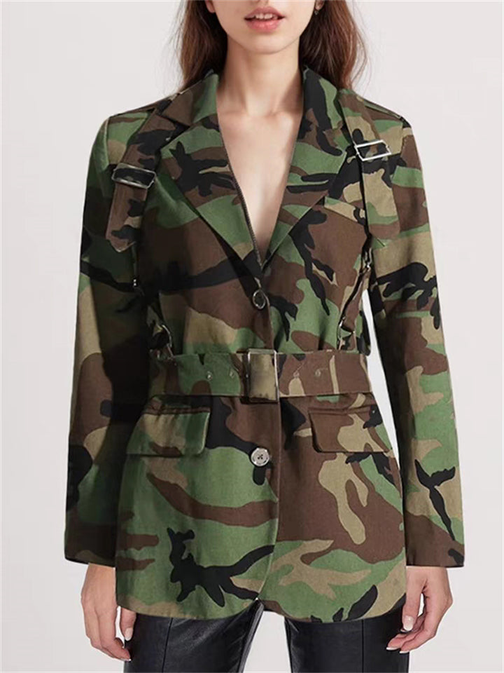 Women's Camouflage Print Tie-Waist Long Sleeve Coat
