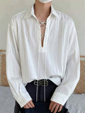 Men's Trendy Solid Color Pleated Lace Up Collar Long Sleeve Shirt