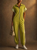 Women Zip Up Short Sleeve Striped Athletic Jumpsuit