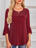 Women's Mesh Patchwork Bling 3/4 Flare Sleeve Shirt
