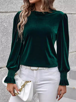 Women's Green Solid Color Velvet Long Puffed Sleeve Shirt