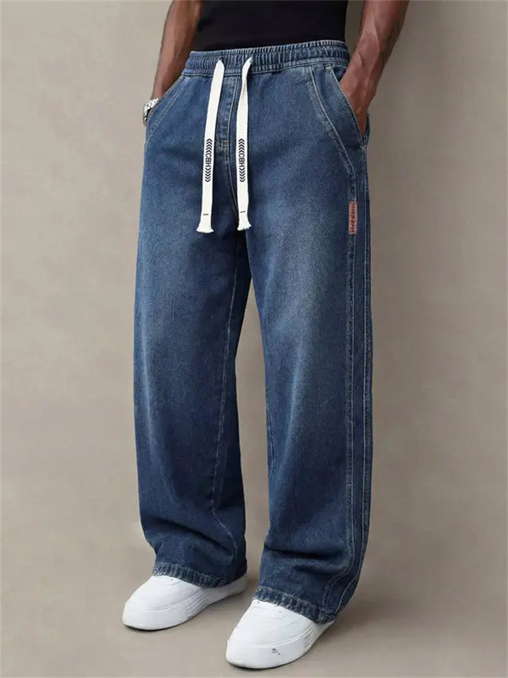 Men's High Street Stylish Washed Straight-Leg Loose Fit Drawstring Denim Pants