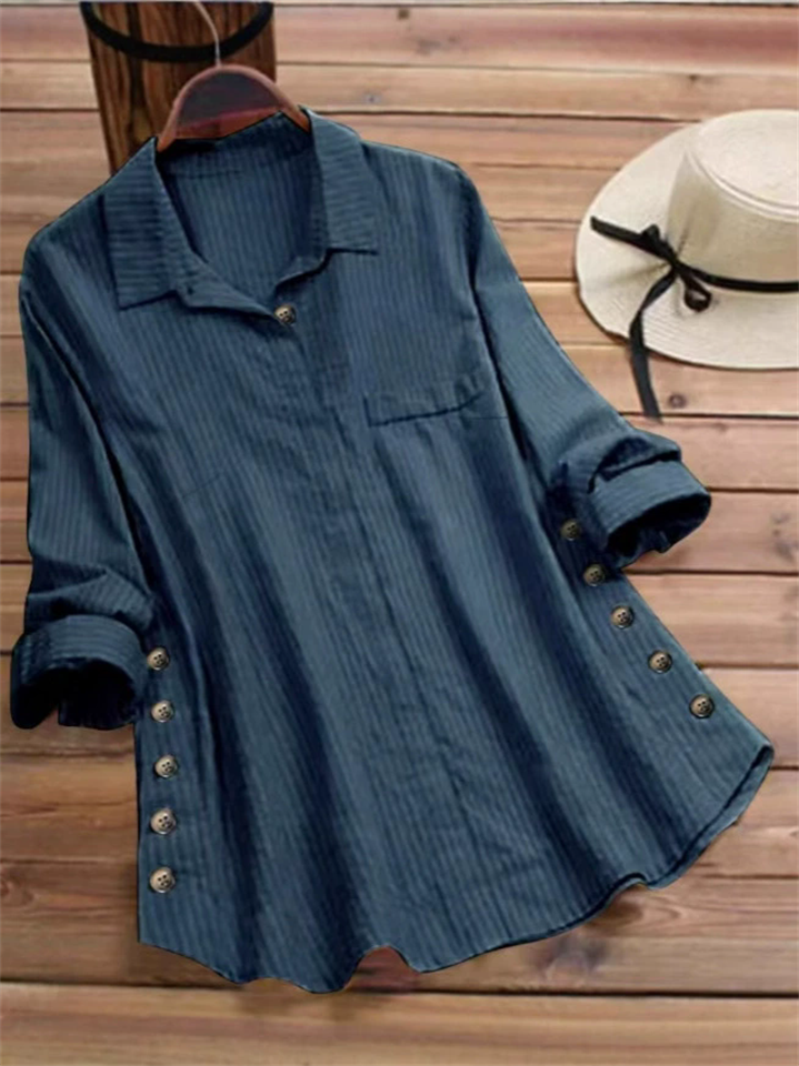 Women's Simple Lapel Striped Long Sleeve Blouse with Buttons