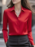 Ladies' Solid Color Lapel Button Up Long Sleeve Satin Blouses