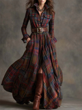 French Style Vintage Buttons Plaid Maxi Shirt Dress for Women