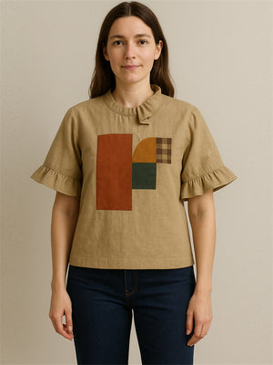 Women's Khaki Patchwork Short Sleeve Linen Crop Shirts