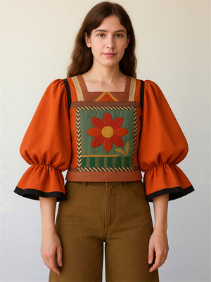 Female's Boho Patchwork Square Neck Lantern Sleeve Crop Blouses