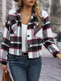 Women's Causal Contrast Color Plaid Pockets Waist Length Coat