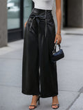 Women's High Waist Belted Wide Leg Faux Leather Pants
