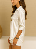 Ladies' White V Neck Pullover Long Sleeve Satin Blouses