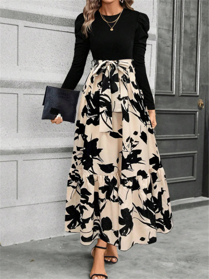Women's Elegant Long Sleeve Floral Tie Waist Ruffle Hem Maxi Dress